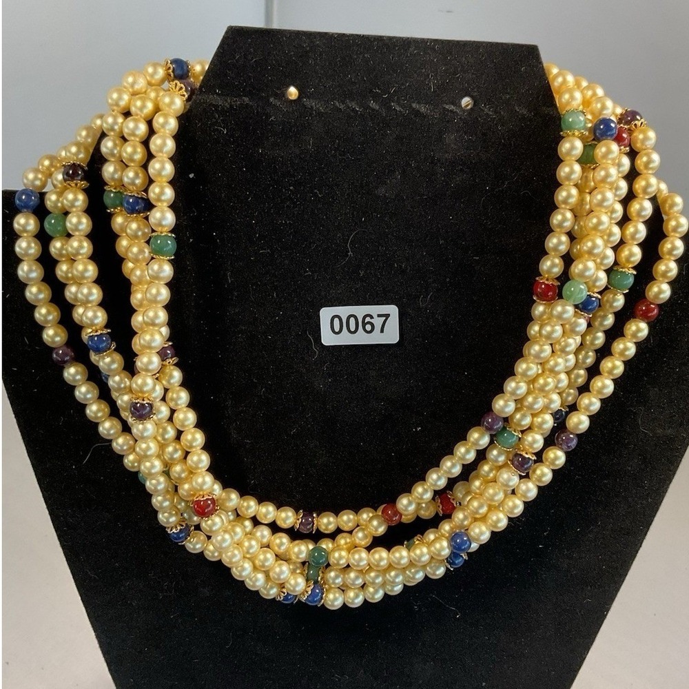Vintage Style Multi Strand Necklace Cream Color Faux Pearls Color Beads